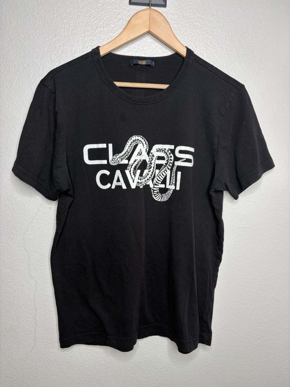 Cavalli Class Size MEDIUM Black All Over Logo Print Graphic Tee Shirt Designer